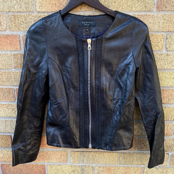 Rag & Bone Lambskin Biker Jacket Leather Size 6 Black Shirt - Picture 1 of 8